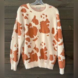 SIMPLY SOUTHERN Cozy Cow Print Crewneck Sweater - White & Rust